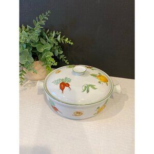 Vintage Ceramic 7” Round "Vegetable Garden" Pattern Casserole Dish with Lid